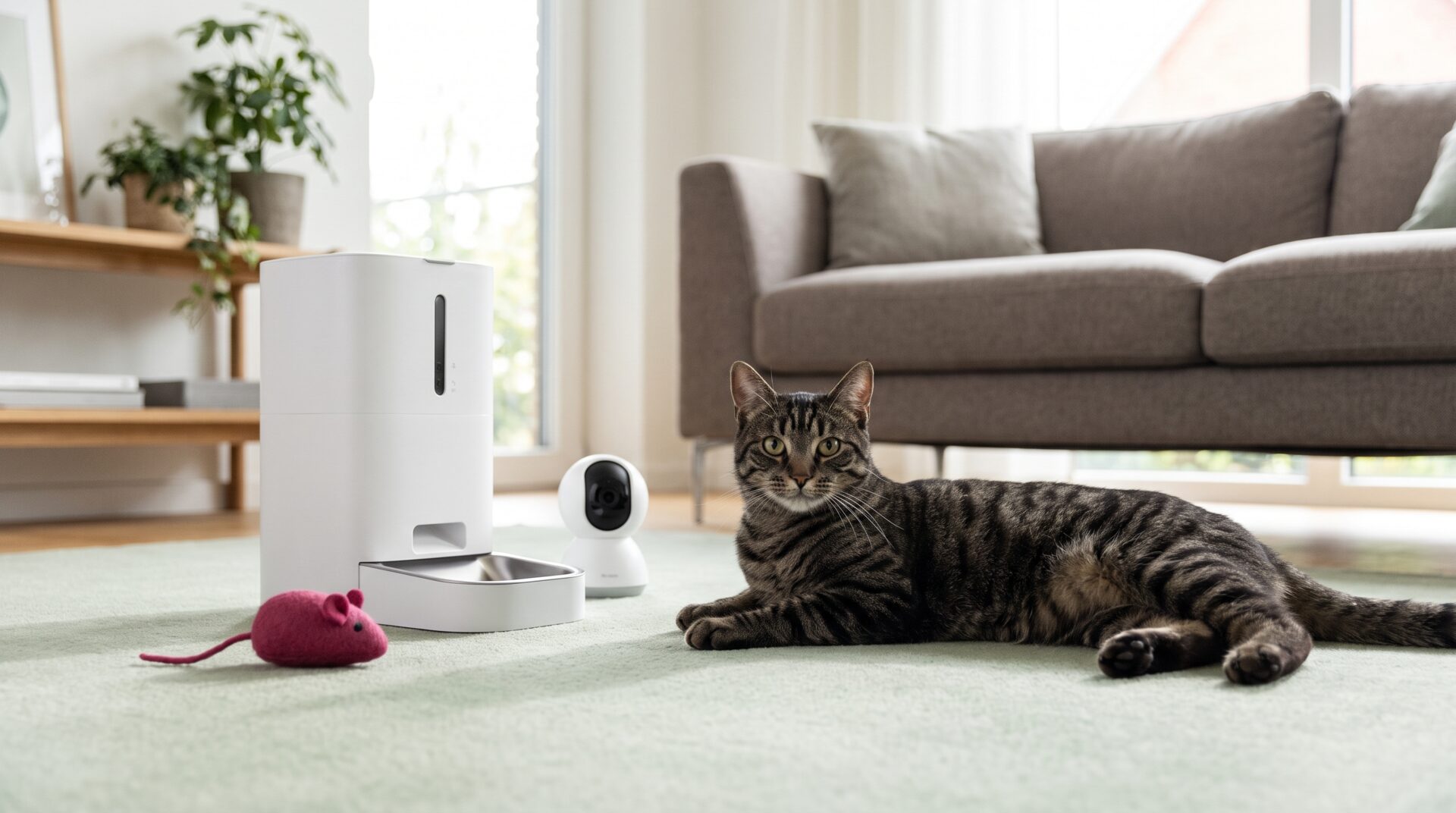 An automatic pet feeder and a pet camera on a floor beside a relaxed tabby cat